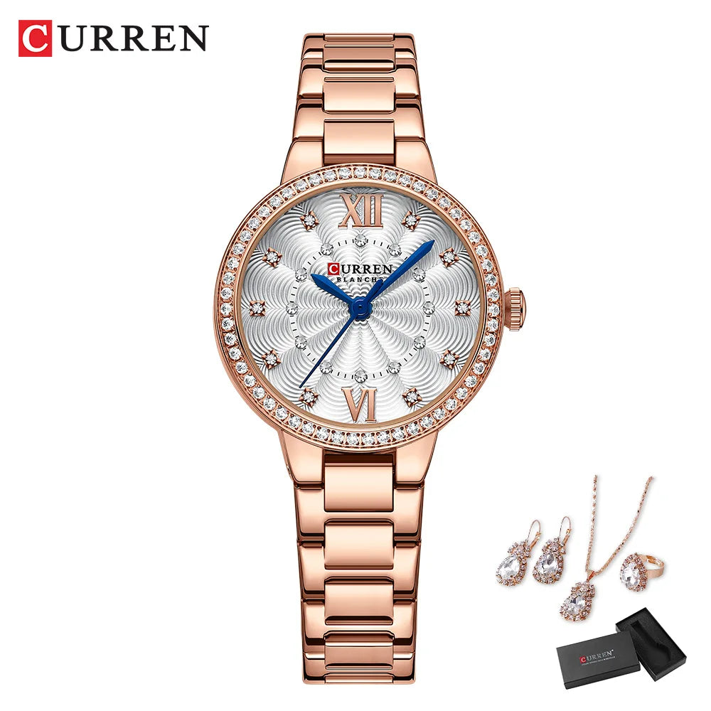 CURREN Women's Fashion Watch Gift Set with Rhinestone Bracelet, Ring, and Earrings