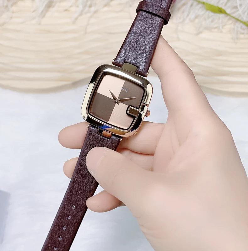 Women Slim Quartz Watch Square Alloy Case 36mm Leather Band Minimalist Water Resistant
