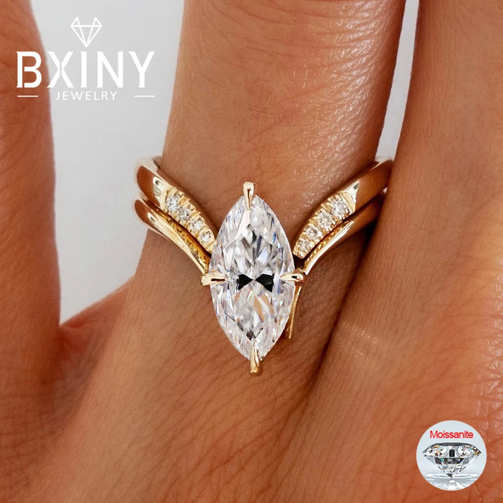 BXINY Marquise Cut Moissanite Ring Set – Triple Band Design 925 Sterling Silver with 18K Gold Plating