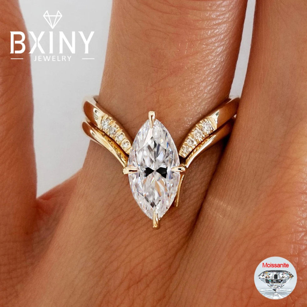 BXINY Marquise Cut Moissanite Ring Set – Double Band 925 Silver with 18K Gold Plating