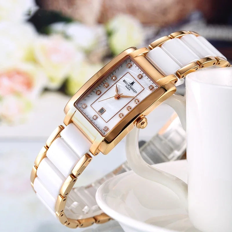 Women's Ceramic Quartz Watch Rectangular Steel Case Ceramic Link Bracelet Water Resistant