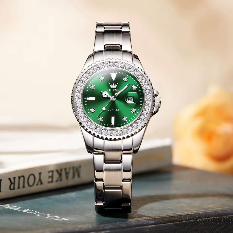 Women’s Quartz Watch Diamond Dial Luminous Hands Complete Calendar Stainless Steel