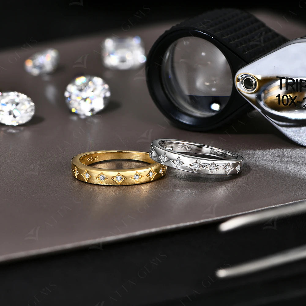 18K White Gold Plated 925 Sterling Silver Star Moissanite Wedding Band for Women