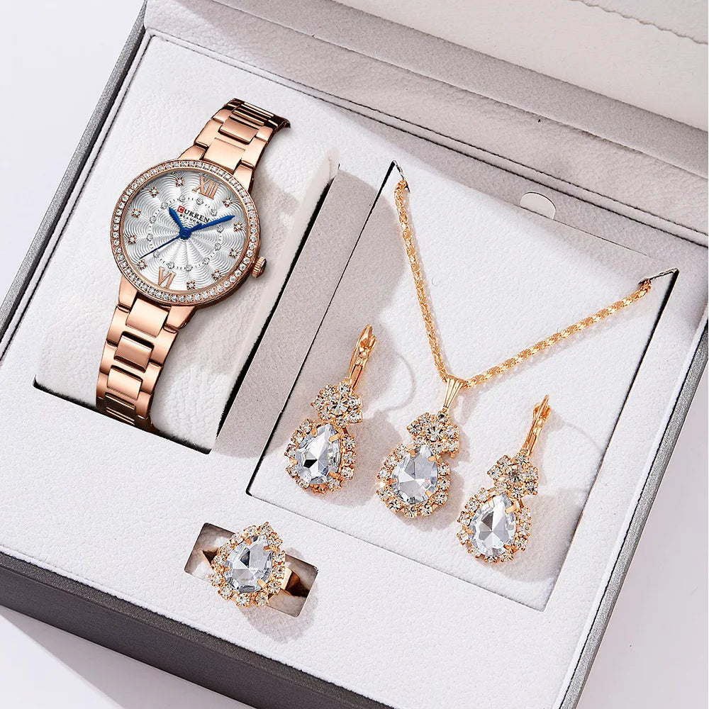 CURREN Women's Fashion Watch Gift Set with Rhinestone Bracelet, Ring, and Earrings