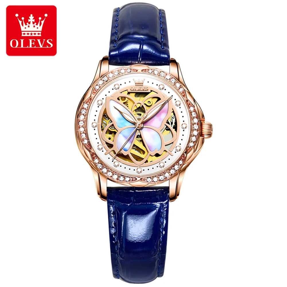 OLEVS 6615 Womens Watch Original Bezel Ceramic Mechanical Automatic Wristwatch Waterproof Luminous Ladies Watch Butterfly Dial