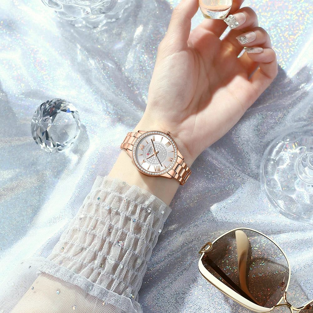 CURREN Women's Fashion Watch Gift Set with Rhinestone Bracelet, Ring, and Earrings