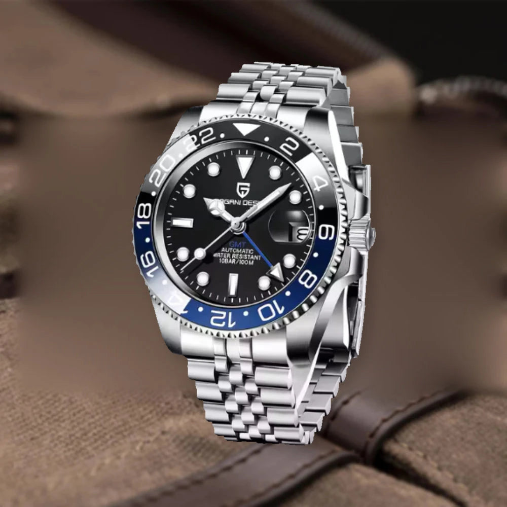 Black-and-blue GMT watch with five-link bracelet, upright on its fabric background