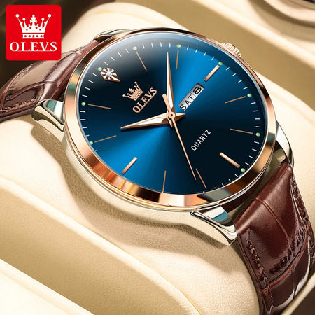 OLEVS Fashion Business Brand Original Men Watches Leather Strap Trend Week Calendar Quartz Watch Luminous Waterproof 43mm Dial - RoyElite