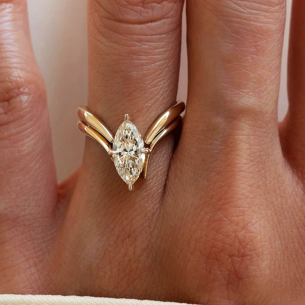 BXINY Marquise Cut Moissanite Ring Set – Triple Band Design 925 Sterling Silver with 18K Gold Plating