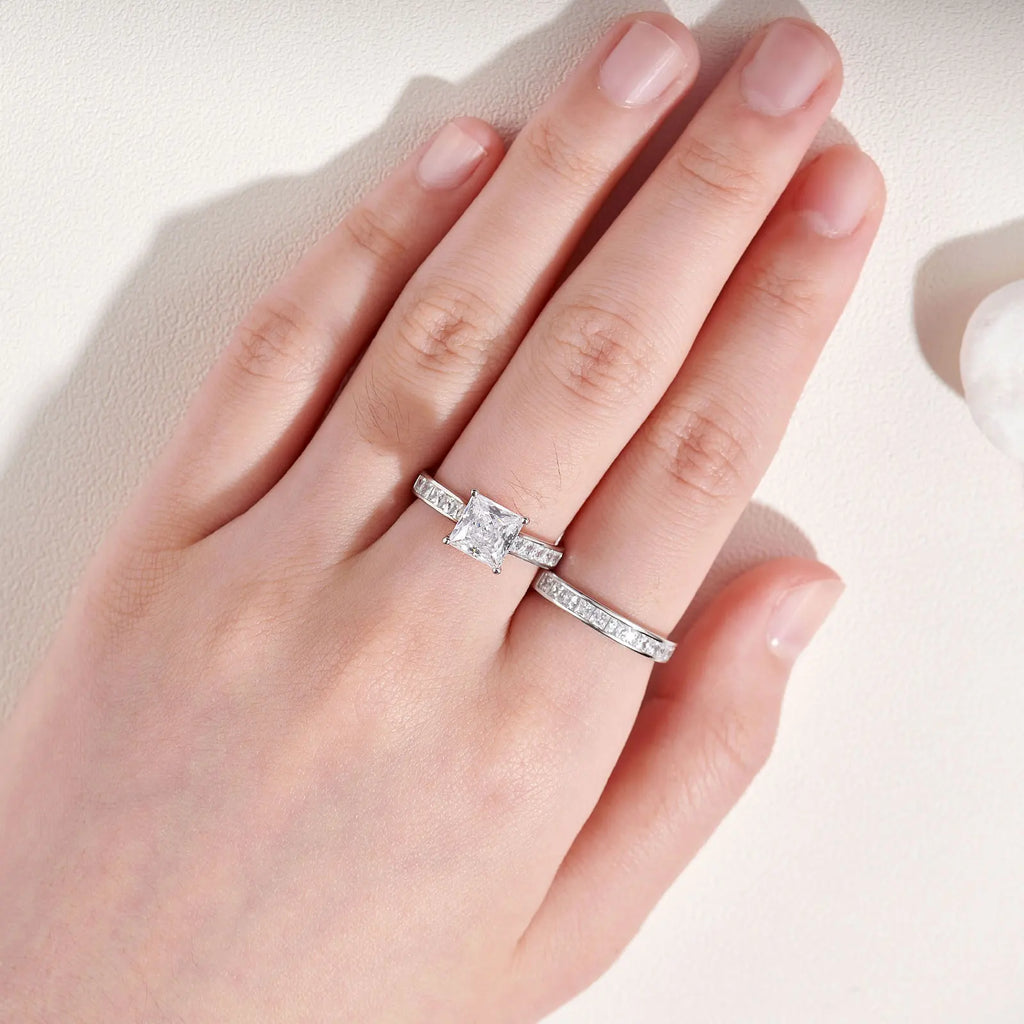 Newshe Classic 2-Piece Wedding Ring Set – 7x7mm Princess Cut AAAAA Zircon in 925 Sterling Silver