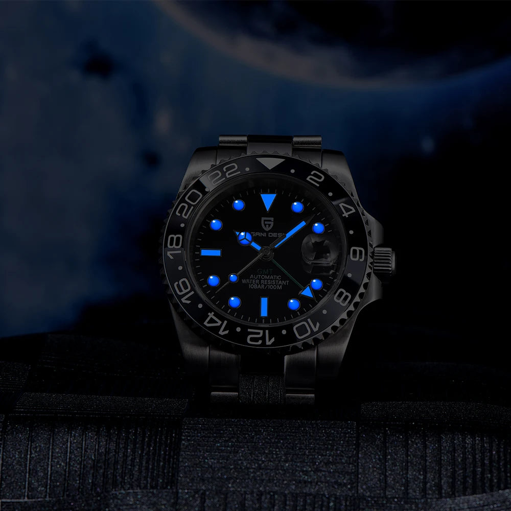 Men's GMT Automatic Watch 40mm Stainless Steel Ceramic Bezel Sapphire Multi Time Zone