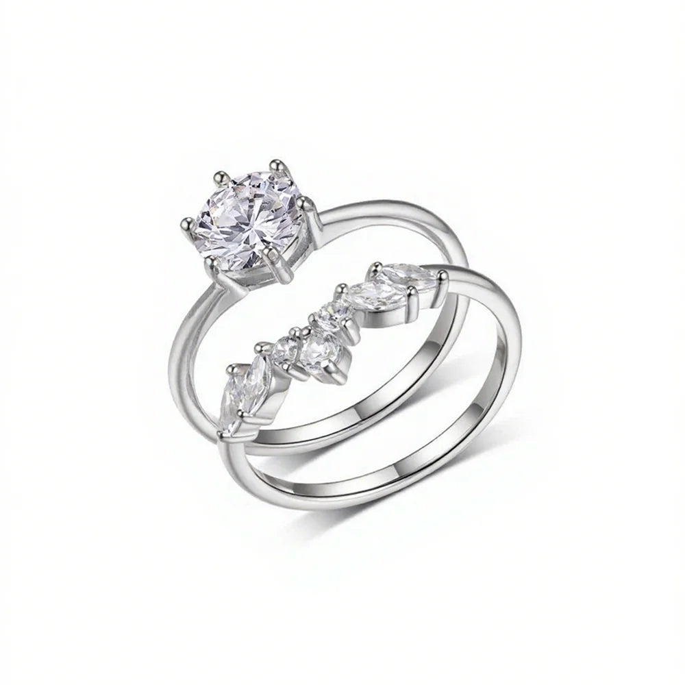 Sterling Silver Moissanite Ring Set D Color Round Cut Diamond Alternative for Women Jewelry