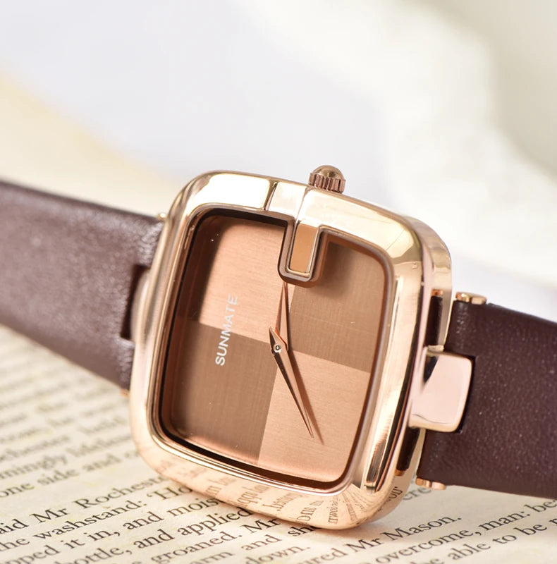 Women Slim Quartz Watch Square Alloy Case 36mm Leather Band Minimalist Water Resistant