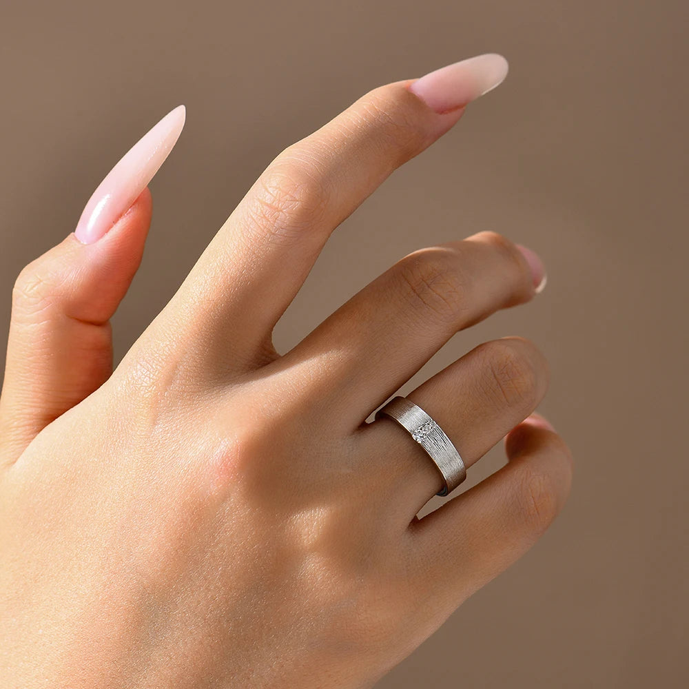 Women and Men Moissanite Couple Rings Brushed Design Sterling Silver Wedding Bands