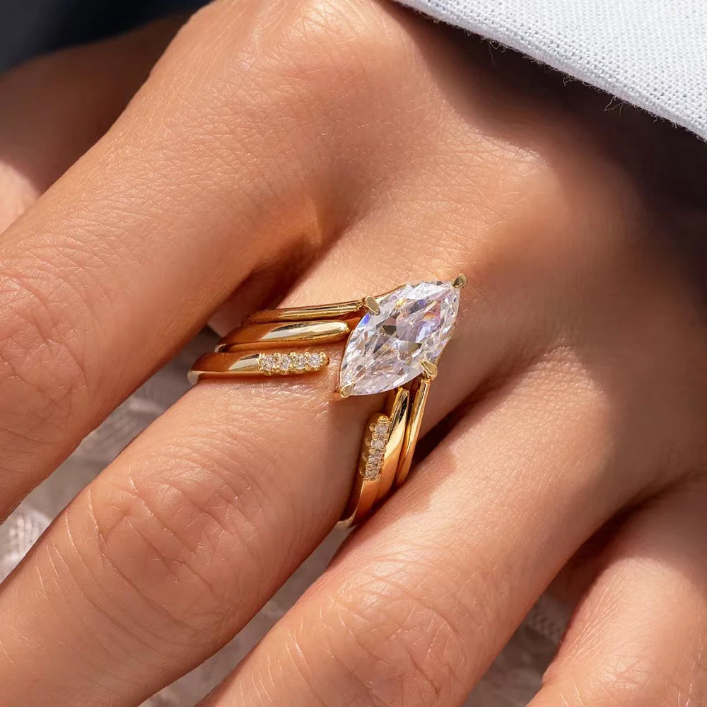 BXINY Marquise Cut Moissanite Ring Set – Triple Band Design 925 Sterling Silver with 18K Gold Plating