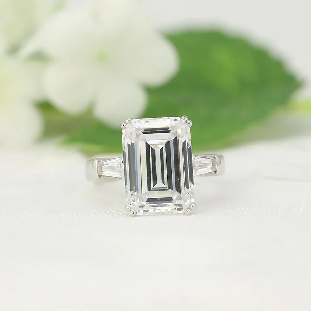 Radiant Cut Moissanite Engagement Ring Baguette Design in Sterling Silver Wedding Jewelry