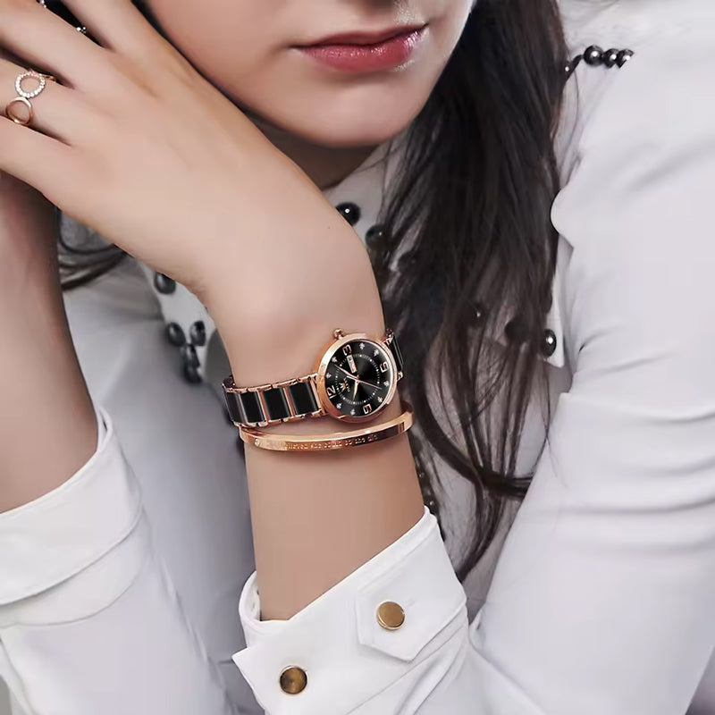 Women's Luxury Quartz Watch 30mm Stainless Steel Ceramic Bracelet Date Water Resistance