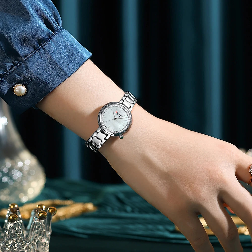 CURREN Women's Fashion Watch Gift Set with Rhinestone Bracelet, Ring, and Earrings