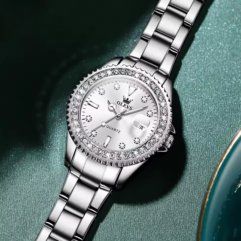 Reloj de Cuarzo para Mujer con Esfera de Diamante, Agujas Luminiscentes y Calendario Completo, Acero Inoxidable