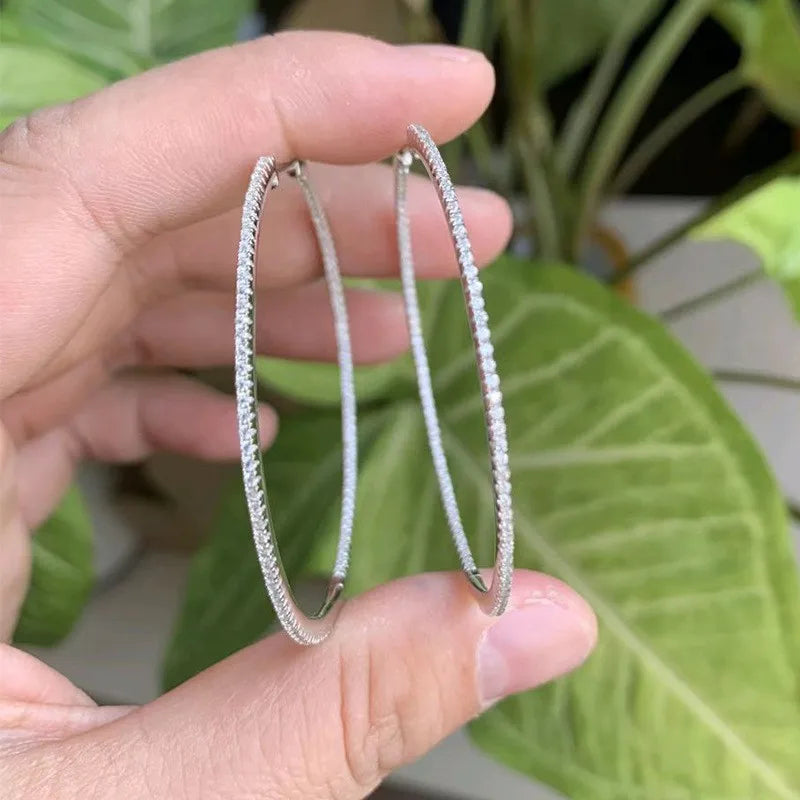 Women’s Moissanite Hoop Earrings 50mm Sterling Silver Full Eternity D Color Sparkling Design