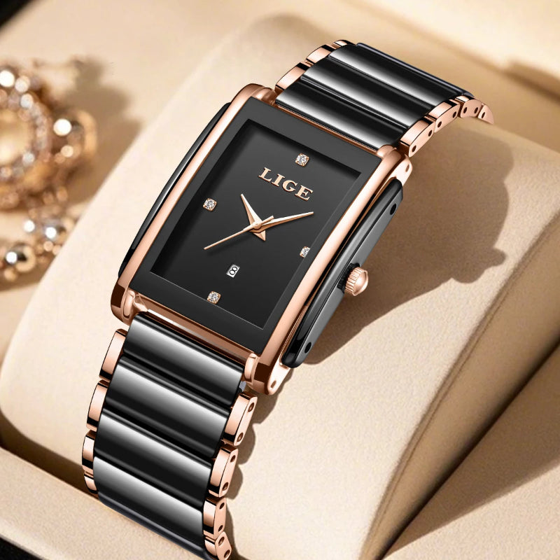 Women's Ceramic Quartz Watch 34mm Square Case Ceramic Bracelet Calendar Autodate Water Resistant