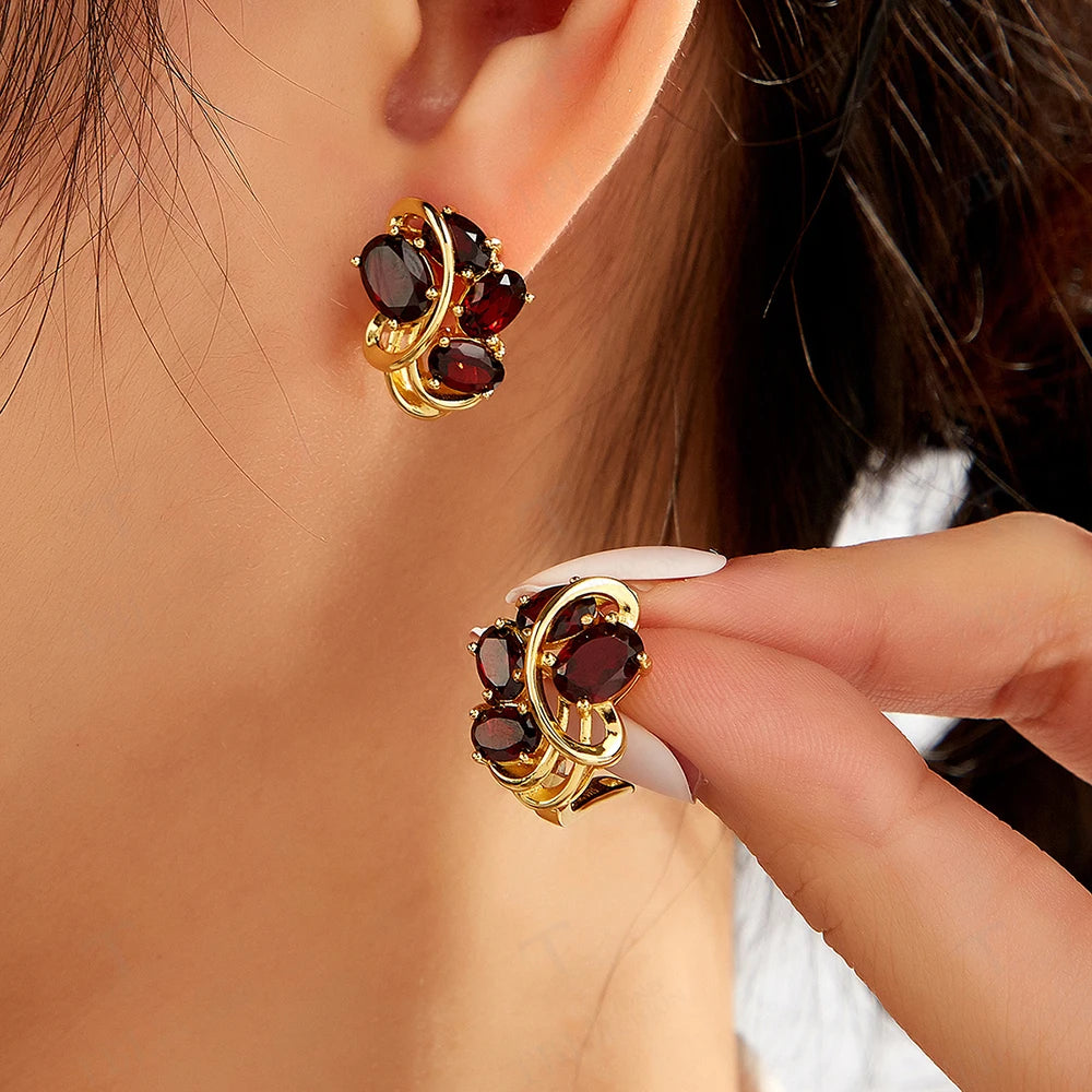 Women’s Garnet Leaf Design Ring and Earring Set Sterling Silver Waterdrop Birthstone Jewelry