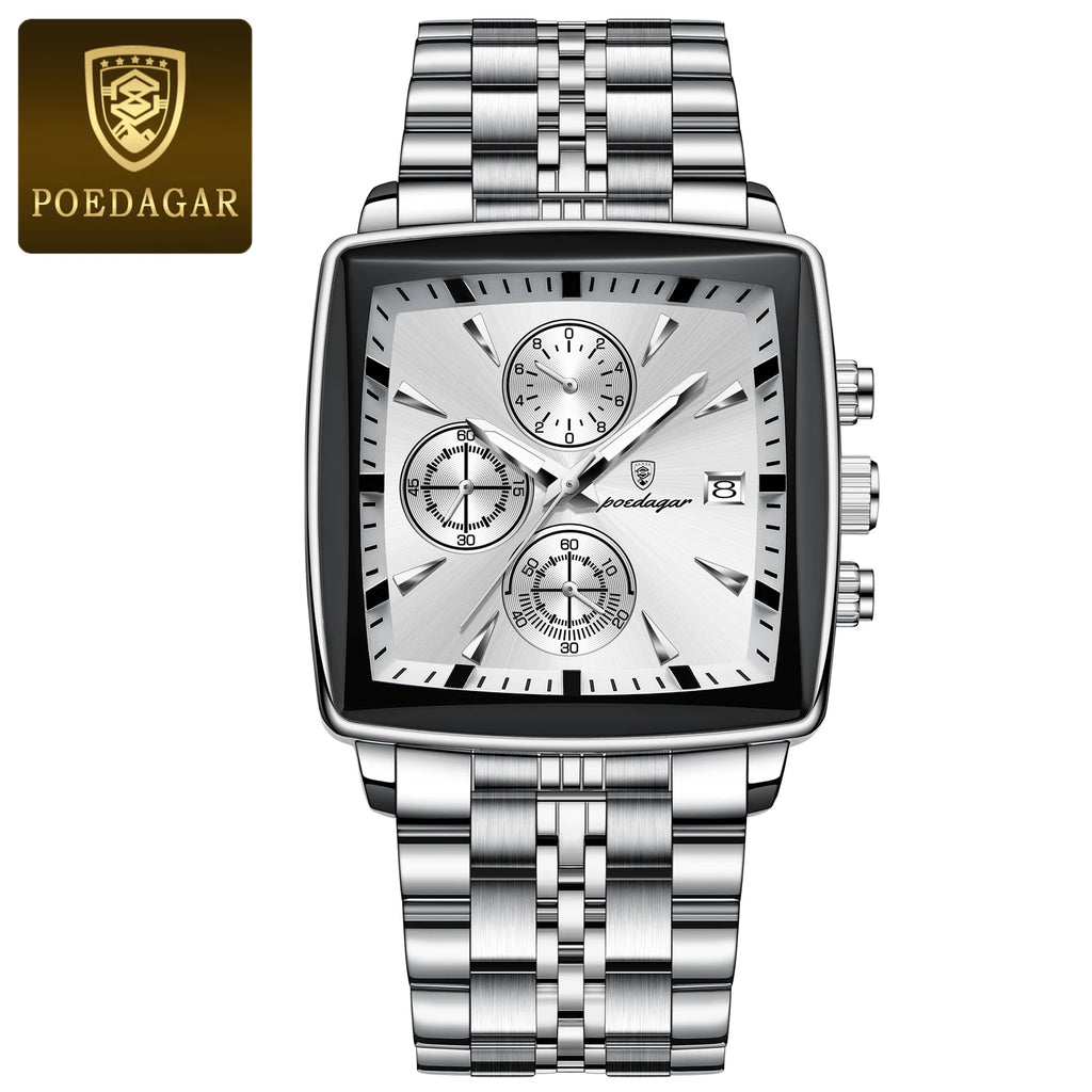 POEDAGAR Square Men Watch Waterproof Luminous Chronograph Calendar Man Wristwatch Stainless Steel Quartz Men's Watches+Box Reloj