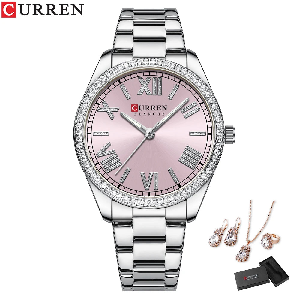CURREN Women's Fashion Watch Gift Set with Rhinestone Bracelet, Ring, and Earrings