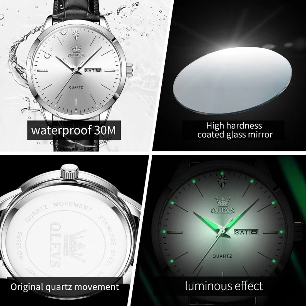 OLEVS 2935 Dual Calendar Quartz Dress Watch For Men Simple Original Leather Man Watches Waterproof Luminous Business Hand Clock