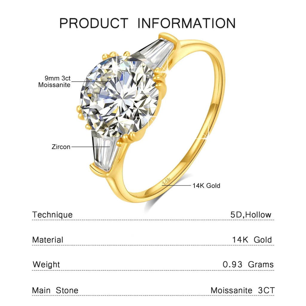 Szjinao 9mm Moissanite Ring – Real 14K Gold, D Color Brilliant Cut Wedding Band for Women