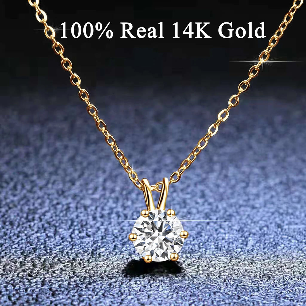 Aurora Goldsmiths Round Cut 14K Gold Moissanite Pendant Necklace – 1ct-3ct Solitaire for Women