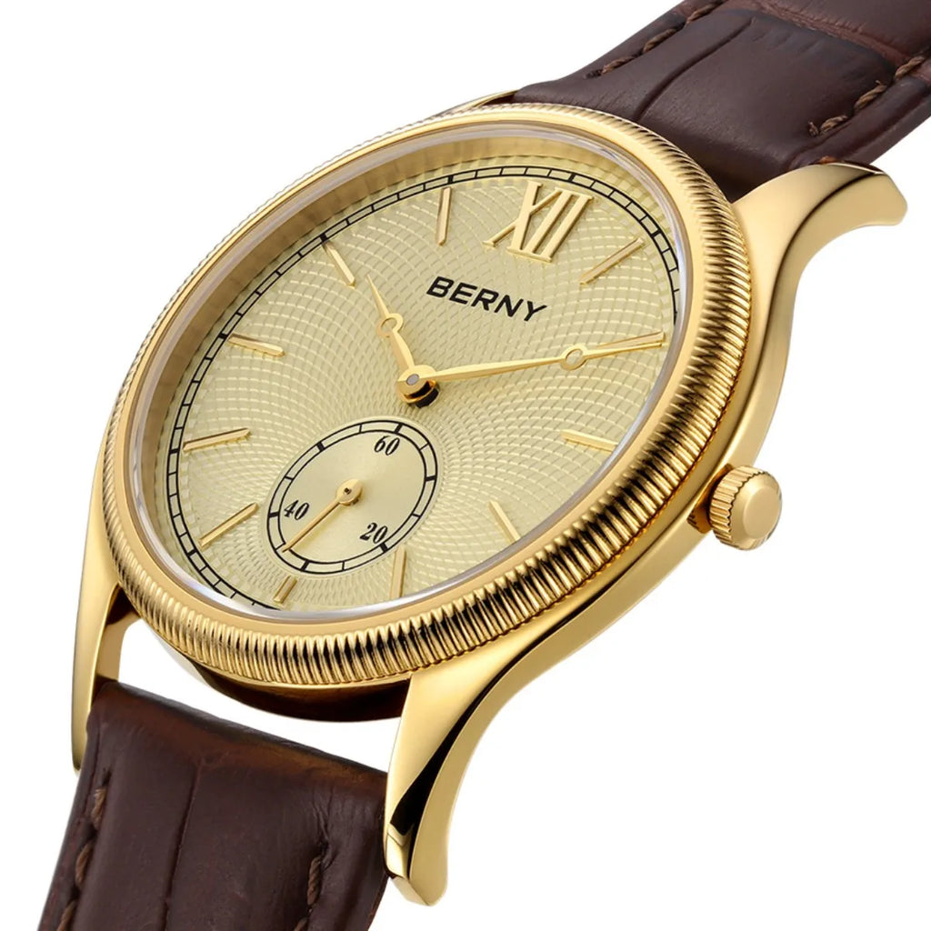 BERNY Reloj de Vestir de Cuarzo para Hombre | Correa de Piel y Caja Ultrafina Dorada con Movimiento Miyota