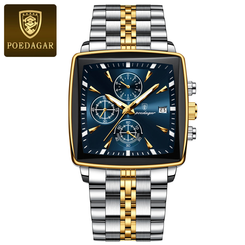 POEDAGAR Square Men Watch Waterproof Luminous Chronograph Calendar Man Wristwatch Stainless Steel Quartz Men's Watches+Box Reloj