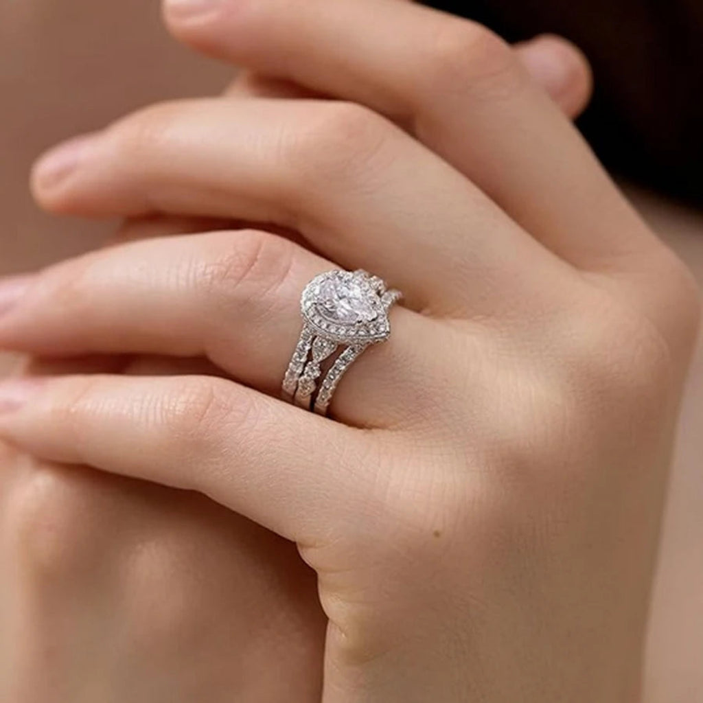 Women’s Pear Cut Zircon Engagement Ring Set 925 Sterling Silver Enhancer Wedding Band