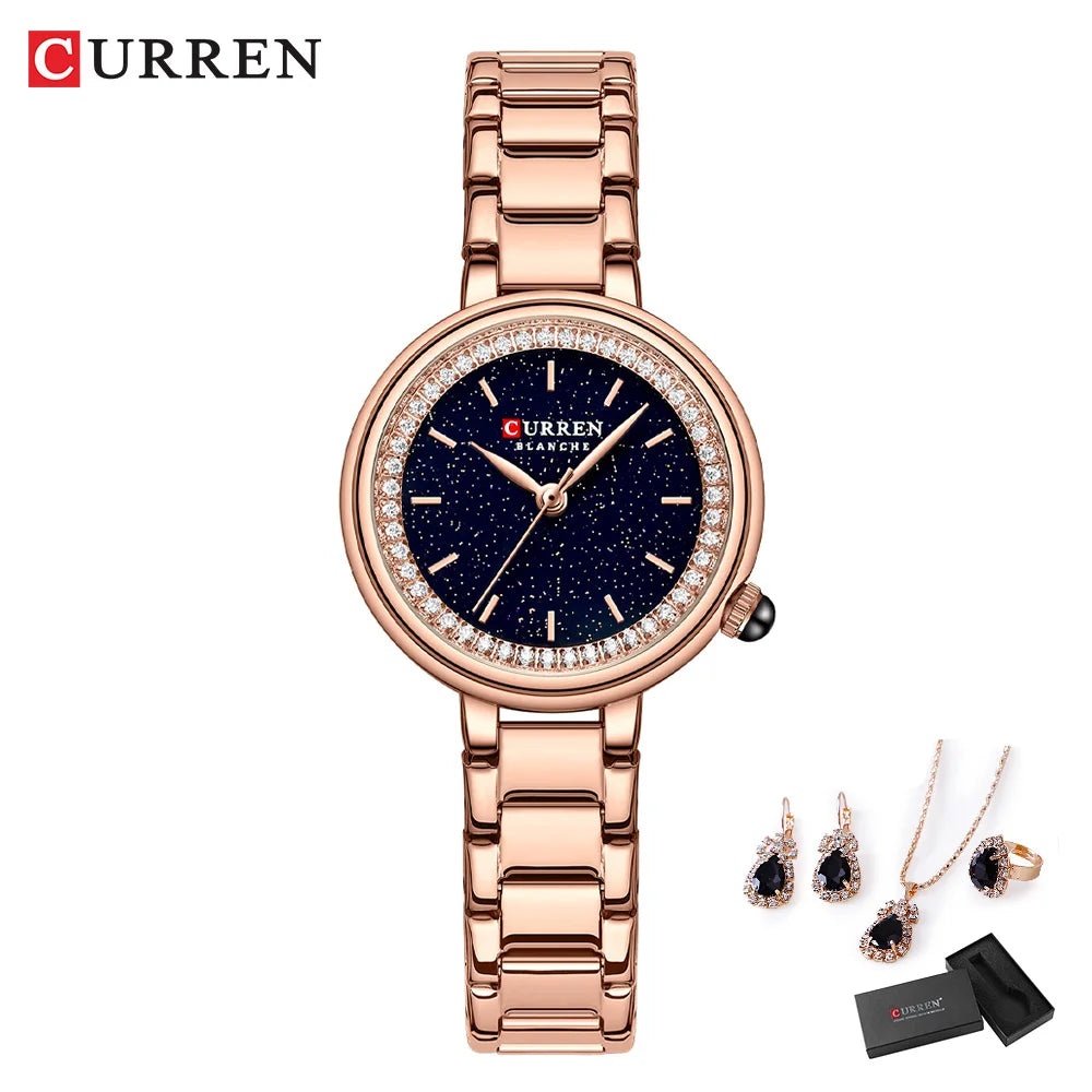 CURREN Women's Fashion Watch Gift Set with Rhinestone Bracelet, Ring, and Earrings
