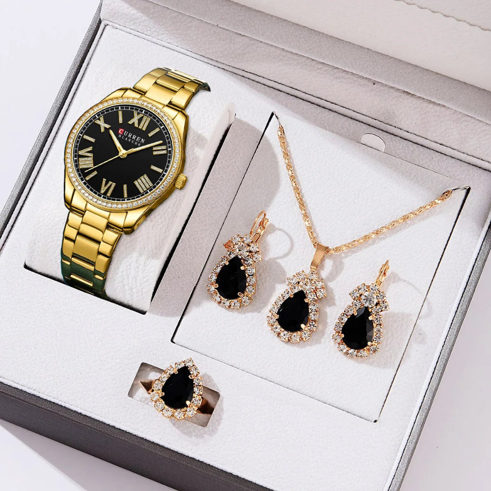 CURREN Women's Fashion Watch Gift Set with Rhinestone Bracelet, Ring, and Earrings
