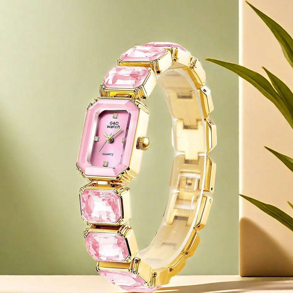 Gema watch with pink dial and gold-tone crystal-link bracelet