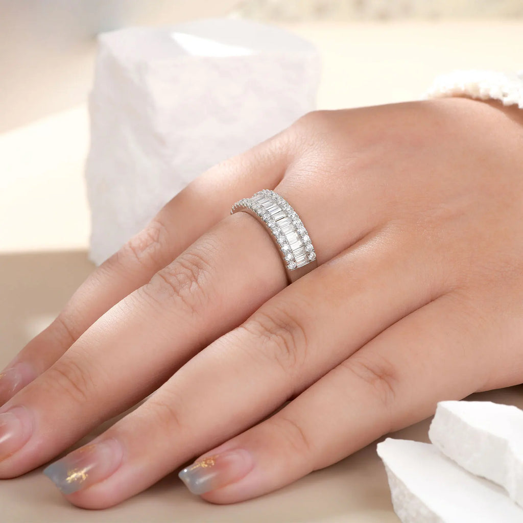 Newshe D Color Moissanite Half Eternity Wedding Band – 925 Sterling Silver Setting