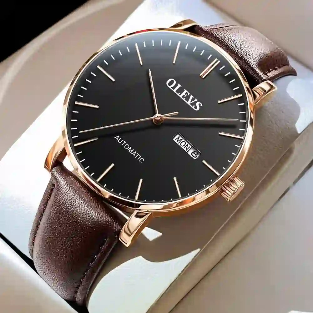 Men’s Minimalist Automatic Watch 11mm Black Dial Rose Gold Mesh Strap Day Date Water Resistant