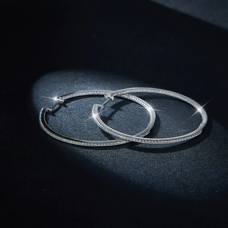 Women’s Moissanite Hoop Earrings 50mm Sterling Silver Full Eternity D Color Sparkling Design