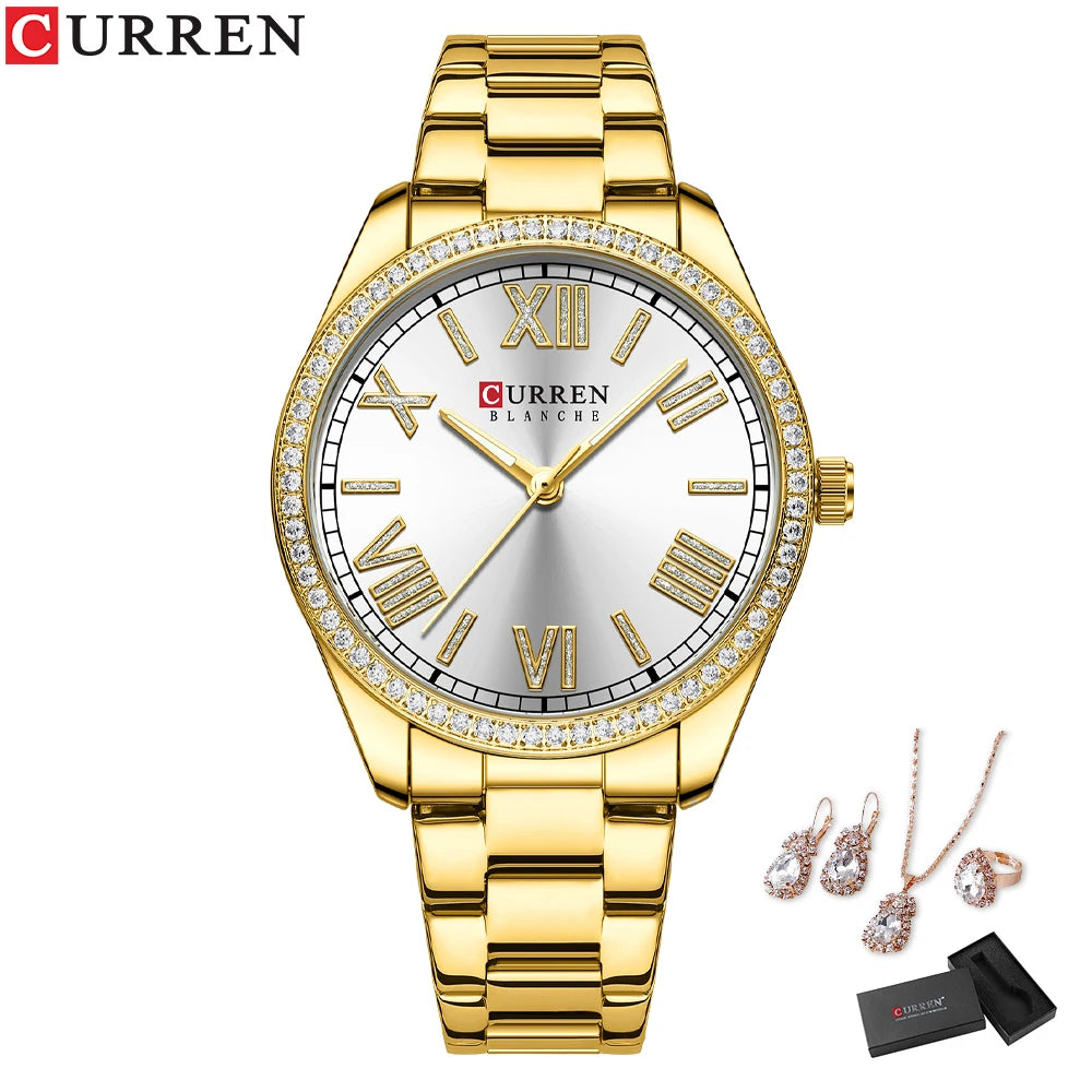 CURREN Women's Fashion Watch Gift Set with Rhinestone Bracelet, Ring, and Earrings