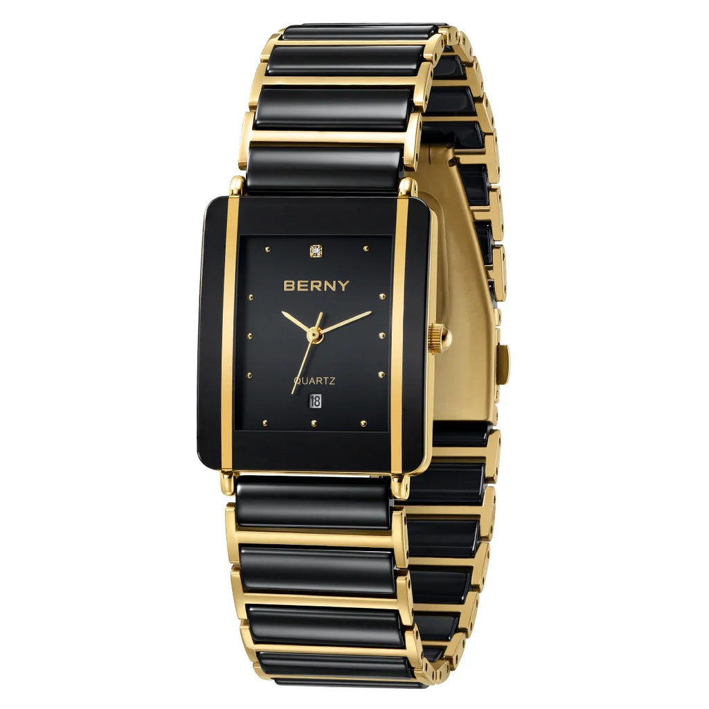 Reloj de Cuarzo Cerámico Rectangular Dorado – Elegancia BERNY