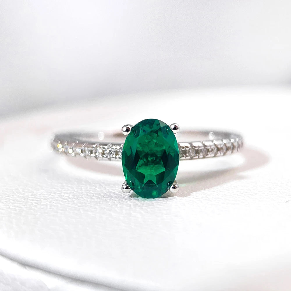 OEVAS 1ct Oval Lab-Grown Colombian Emerald Ring – Moissanite Accents, 925 Sterling Silver