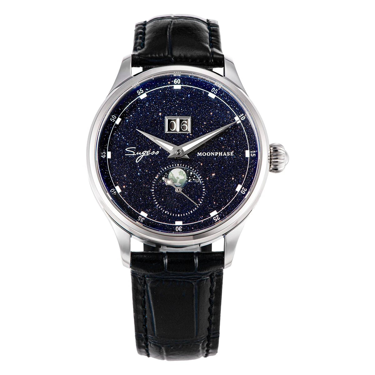 Starry blue aventurine dial moonphase watch with black leather strap on white
