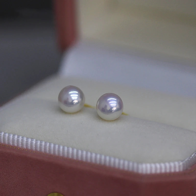 Women's 14K Gold Akoya Pearl Stud Earrings AA Quality Sterling Silver Mount Gift