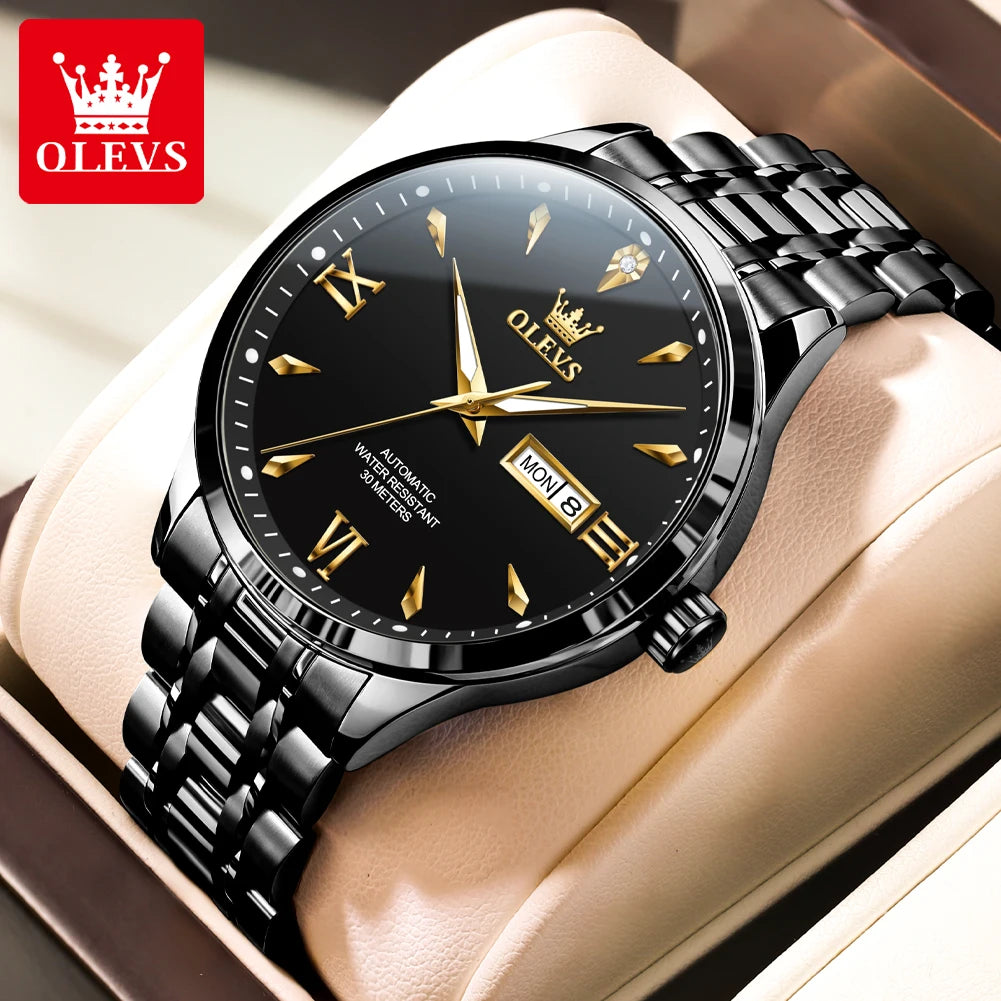 OLEVS 9956 Mens Watch Original Fashion Automatic Mechanical Watch For Man Waterproof Luminous Reloj Hombre Dual Calendar Display