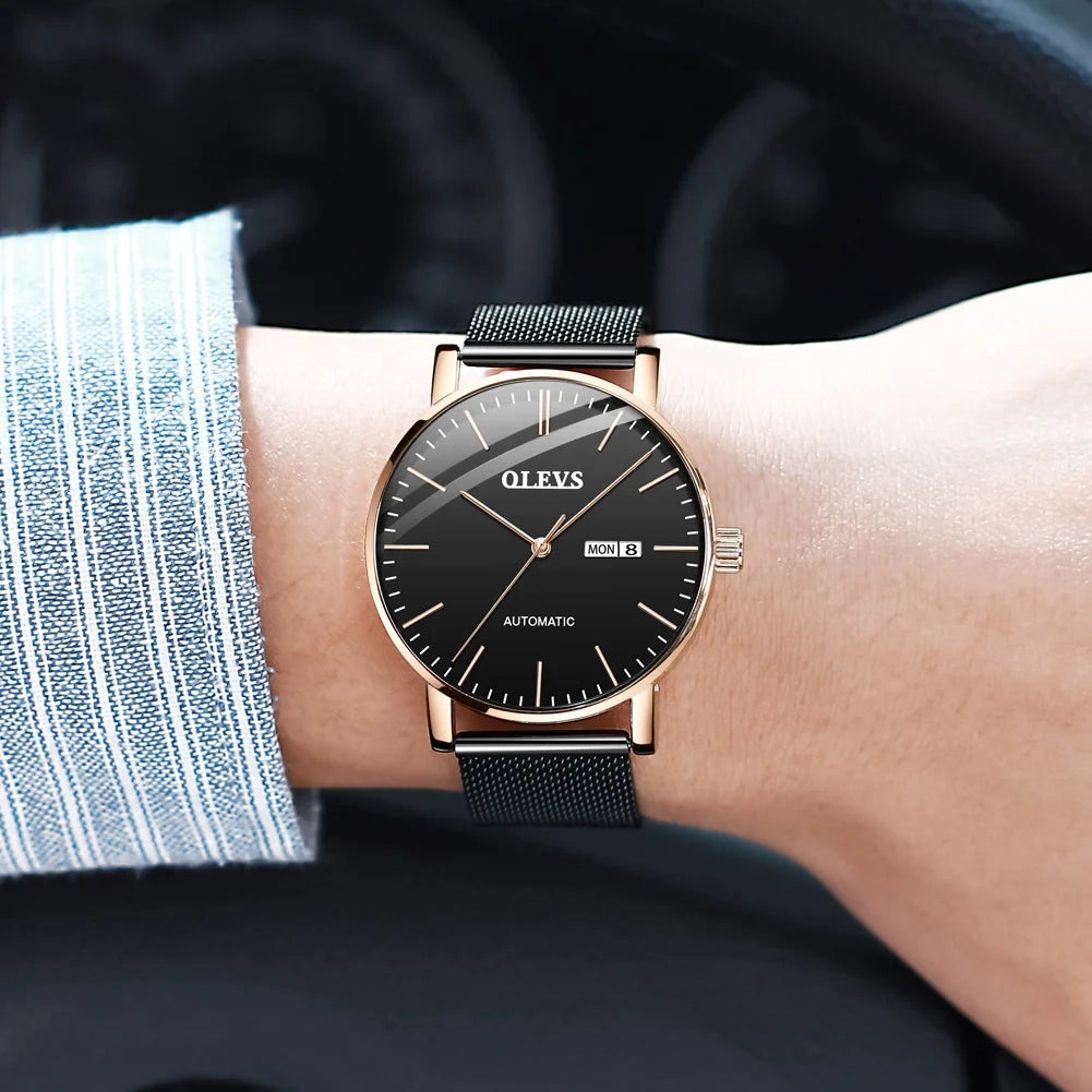 Men’s Minimalist Automatic Watch 11mm Black Dial Rose Gold Mesh Strap Day Date Water Resistant