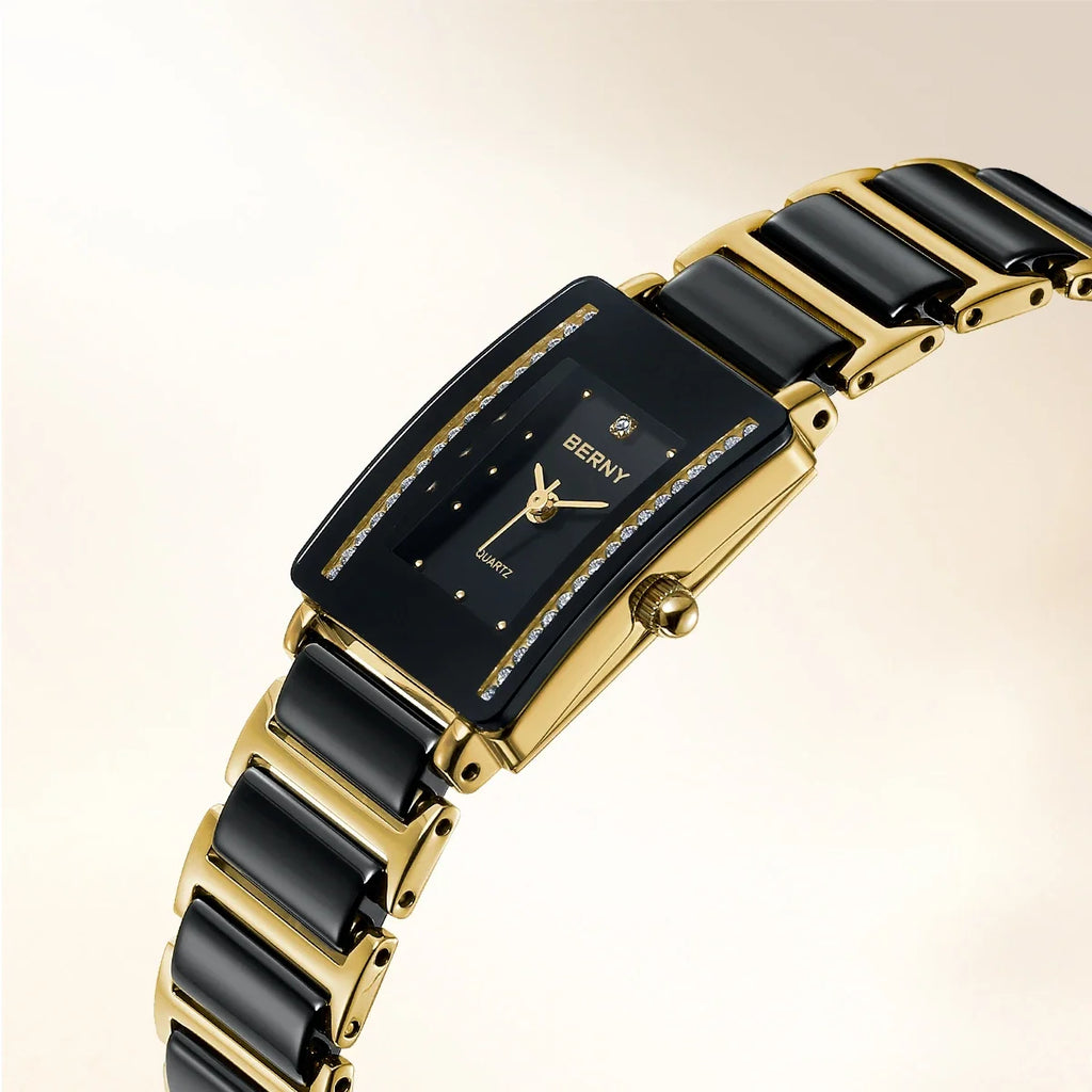 Reloj de Cuarzo Cerámico Rectangular Dorado – Elegancia BERNY