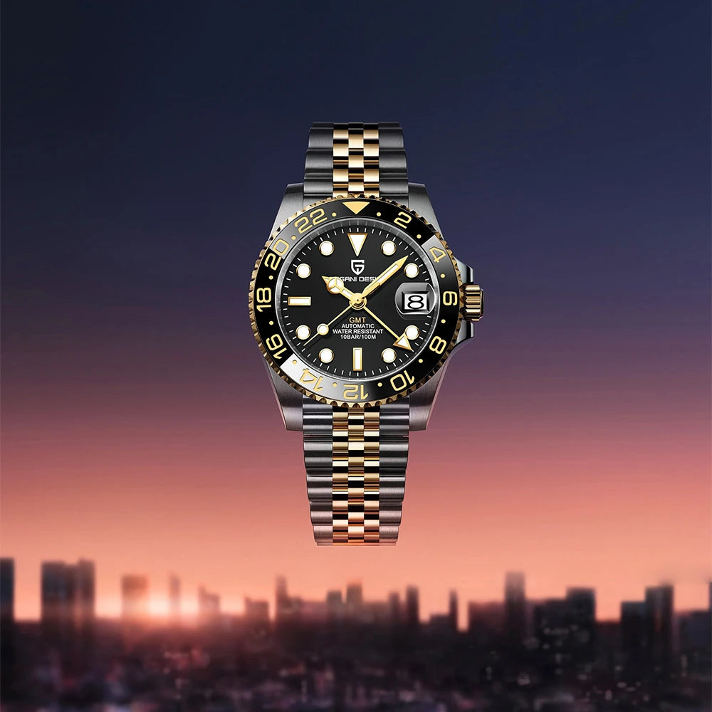 Men's GMT Automatic Watch 40mm Stainless Steel Ceramic Bezel Sapphire Multi Time Zone