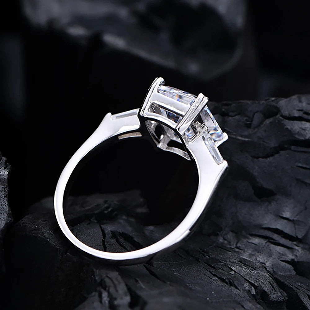 Radiant Cut Moissanite Engagement Ring Baguette Design in Sterling Silver Wedding Jewelry